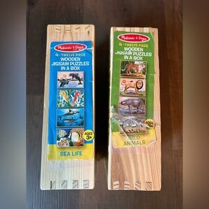 Lot Of 2 Melissa & Doug Wooden 4 Puzzle Set Complete With Storage #3795 & #3796